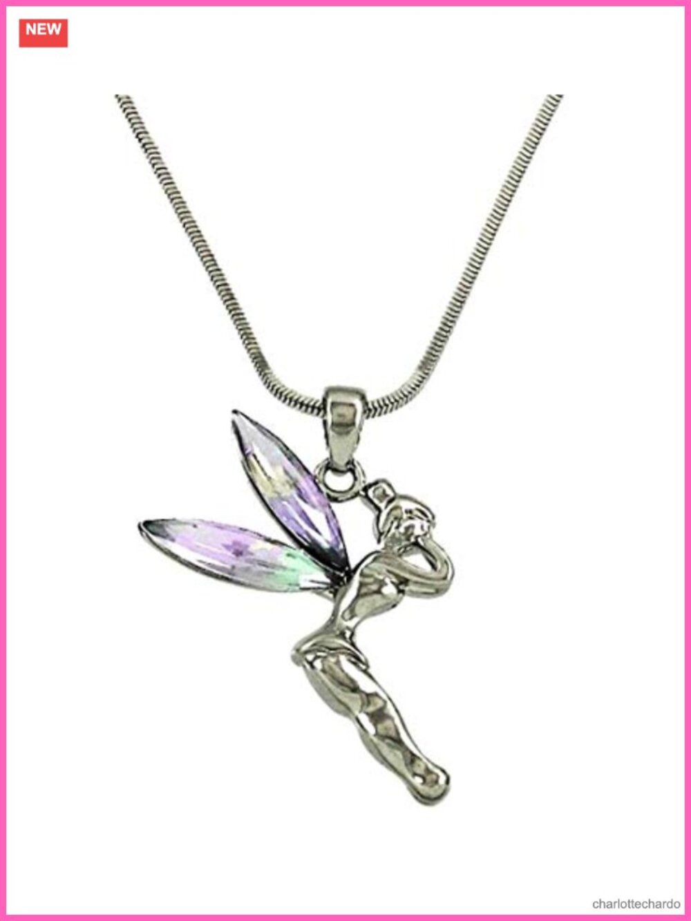 Tinkerbell Fairy Pendant Necklace AB Crystal Wings Silvertone 18" Gift Boxed